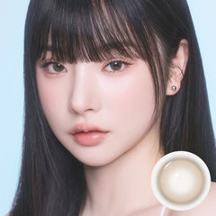I-SHA ORIANA ARIEL Brown monthly colored contact lens on model, natural brown eye makeup look