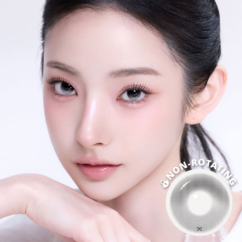 Model wearing I-SHA REBORN Hue Ice Yaya Korean monthly colored contact lens