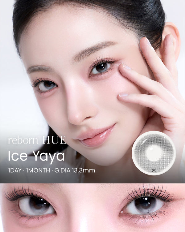 I-SHA REBORN Hue Ice Yaya Korean monthly colored contact lens worn by a model with lens detail