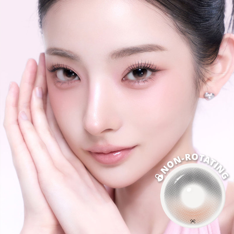 Model wearing I-SHA REBORN Hue Rosy Valenti Korean monthly colored contact lens