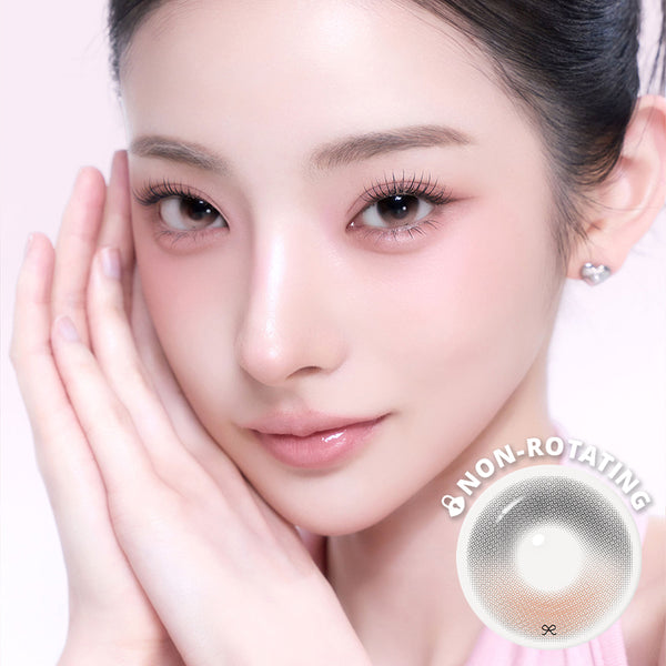 Model wearing I-SHA REBORN Hue Rosy Valenti Korean monthly colored contact lens