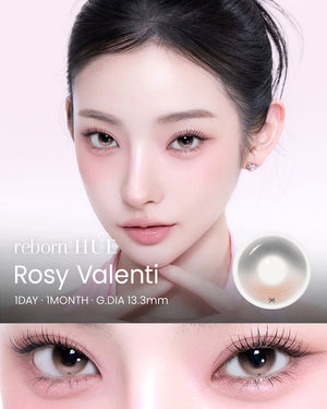 I-SHA REBORN Hue Rosy Valenti Korean monthly colored contact lens worn by a model with lens detail